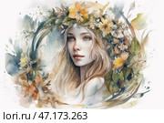 A young girl with delicate facial features, light wavy hair and a deep look. On her head is a wreath of wild flowers and leaves, which harmoniously intertwines with the surrounding background, filled with watercolor flowers and natural elements. The painting is done in a light, airy style using pastel shades of yellow, green and blue. The overall atmosphere of the image conveys a sense of natural harmony, tenderness and romance. Стоковое AI-изображение, AI-художник Анна Кривицкая / Фотобанк Лори