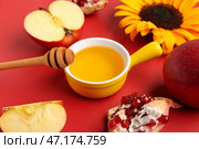 Миска меда с яблоками, гранатом и подсолнечником для празднования Рош ашана (еврейский Новый год) на красном фоне. Стоковое фото, фотограф Pixel_shot / Фотобанк Лори