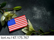 Флаг США с лилиями на грубом черном фоне. Национальный день молитвы и воспоминания о жертвах террористических атак. Стоковое фото, фотограф Pixel_shot / Фотобанк Лори