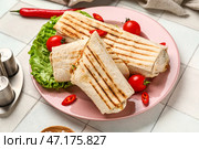 Тарелка вкусного шаурмы с листьями салата и помидорами на белом плиточном столе. Стоковое фото, фотограф Pixel_shot / Фотобанк Лори