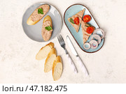 Тарелки бутербродов с вкусным паштетом, помидорами и луком на светлом фоне. Стоковое фото, фотограф Pixel_shot / Фотобанк Лори