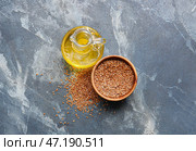 Графин с льняным маслом и семенами на цветном фоне. Стоковое фото, фотограф Pixel_shot / Фотобанк Лори