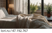 The interior of a modern house. A minimalistic cozy beige bedroom interior with a plaid, pillows, a headboard, linen linens and a bedside table. Стоковое AI-изображение, AI-художник Photojuli / Фотобанк Лори