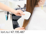 Женщина-парикмахер расчесывает мокрые волосы клиента в салоне красоты. Стоковое фото, фотограф Pixel_shot / Фотобанк Лори
