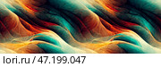 Beautiful abstract panoramic background. Colorful vintage wavy multicolored ornament. Shades of red, teal and yellow. Wide seamless background pattern great for design. Generative AI. Стоковое AI-изображение, AI-художник Андрей Степанов / Фотобанк Лори