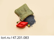 Мешочек с маком и цветком на цветном фоне. Стоковое фото, фотограф Pixel_shot / Фотобанк Лори