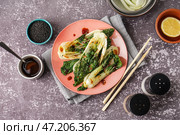 Тарелка вкусной тушеной капусты пак-чой с соевым соусом и специями на фоне гранж. Стоковое фото, фотограф Pixel_shot / Фотобанк Лори