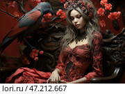 In a gothic and mystical style, creating an atmosphere of mystery and elegance. In the center of the composition is a beautiful girl with long silver hair, dressed in a luxurious red dress with elegant lace and complex patterns. Her gaze is lowered, creating a feeling of thoughtfulness or melancholy. On her head is a wreath of scarlet flowers, which harmonizes with the surrounding environment.Next to her, on a branch sits an unusual bird with dark plumage and red feathers, its gaze seems piercing and mysterious. The background is made in rich dark red and black tones, emphasizing the richness of detail and creating a contrast between the characters and the environment. The chair or throne on which the girl sits is decorated with intricate carvings, giving the scene an aristocratic and mystical tone. Стоковое AI-изображение, AI-художник Анна Кривицкая / Фотобанк Лори