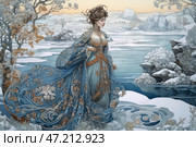 A beautiful woman in a luxurious outfit, reminiscent of royal robes or the image of a mythical goddess of winter.Her dress in blue and gold shades is covered with intricate patterns that harmoniously intertwine with the winter landscape. The fluttering train and delicate details of the costume create an effect of lightness and movement. Her pose feels calm and graceful, she is like a character from a legend or a fairy tale.The background is a winter landscape with a frozen lake, snow-covered trees and mountains. The color palette is maintained in cold blue and silver tones, with warm golden accents, creating a contrast and an atmosphere of noble magic.The painting conveys a sense of mysticism, winter grandeur and mysterious beauty, recalling ancient legends about ice queens, goddesses of nature and winter fairies. Стоковое AI-изображение, AI-художник Анна Кривицкая / Фотобанк Лори