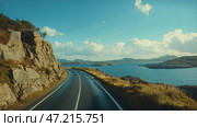 Picturesque Road Winds Along Majestic Cliffs of the Alabaster Coast. Стоковое AI-изображение, AI-художник Юлия Гапеенко / Фотобанк Лори