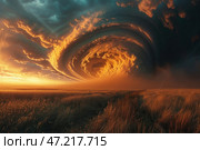 A fascinating and at the same time frightening natural phenomenon: a giant atmospheric vortex, swirling in the sky above the endless steppe. Enormous billowing clouds form a spiral shape, reminiscent of a portal to another dimension or a rift in space. Sunlight breaks through the cloud mass, painting it in golden-orange and deep dark shades, creating a powerful contrast between light and darkness.In the foreground, you can see the golden steppe with tall ears of grain, which seem to move in a strong wind. In the distance, the horizon is still calm, but the approaching vortex creates a sense of an inevitable catastrophe or a moment before a powerful natural phenomenon.The composition conveys the grandeur of nature, its power and at the same time beauty in its unbridled form. This image can symbolize the end or the beginning of a new cycle, the unpredictability of nature and the power of the elements. Стоковое AI-изображение, AI-художник Анна Кривицкая / Фотобанк Лори
