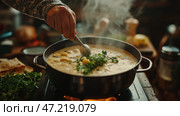 Hands stirring a pot of steaming soup with soft lighting in a cozy kitchen setting. Руки, помешивающие суп в кастрюле, при мягком освещении в уютной кухонной обстановке. Стоковое AI-изображение, AI-художник Katsiaryna Repich / Фотобанк Лори
