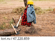 Топоры и униформа лесоруба в лесу. Стоковое фото, фотограф Pixel_shot / Фотобанк Лори