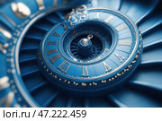Stylized clock with Roman numerals, creating the effect of an endless spiral. The design is made in rich blue and gold tones, emphasizing luxury and elegance. The clock mechanism goes deep, creating the illusion of an endless flow of time. In the center, a miniature mechanism is visible, which enhances the feeling of movement. The atmosphere is mystical and futuristic, symbolizing time, eternity and cyclicality. Стоковое AI-изображение, AI-художник Анна Кривицкая / Фотобанк Лори