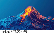 An erupting volcano with a stream of bright orange lava flowing down its slope. The contrast between the hot magma and the cold, bluish-blue mountains creates an impressive visual effect. The volcano looks like a fantastic landscape, emphasizing the power and grandeur of natural forces. The deep blue background and glowing lava flows add drama and dynamics to the picture. Стоковое AI-изображение, AI-художник Анна Кривицкая / Фотобанк Лори