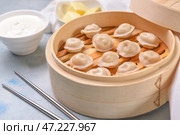 Пароварка с вкусными варениками на цветном фоне. Стоковое фото, фотограф Pixel_shot / Фотобанк Лори