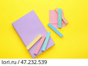 Композиция с разноцветными мелками и блокнотом на цветном фоне. Стоковое фото, фотограф Pixel_shot / Фотобанк Лори