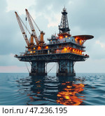 Буровая платформа для бурения скважин в море. Добыча нефти и газа на морском шельфе. Drilling platform for drilling wells in the sea. Oil and gas production on the sea shelf. Стоковое AI-изображение, AI-художник Гер Олег / Фотобанк Лори