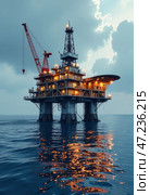 Буровая платформа для бурения скважин в море. Добыча нефти и газа на морском шельфе. Drilling platform for drilling wells in the sea. Oil and gas production on the sea shelf. Стоковое AI-изображение, AI-художник Гер Олег / Фотобанк Лори