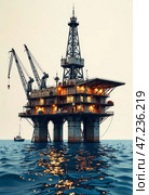 Буровая платформа для бурения скважин в море. Добыча нефти и газа на морском шельфе. Drilling platform for drilling wells in the sea. Oil and gas production on the sea shelf. Стоковое AI-изображение, AI-художник Гер Олег / Фотобанк Лори