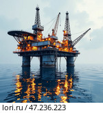 Буровая платформа для бурения скважин в море. Добыча нефти и газа на морском шельфе. Drilling platform for drilling wells in the sea. Oil and gas production on the sea shelf. Стоковое AI-изображение, AI-художник Гер Олег / Фотобанк Лори