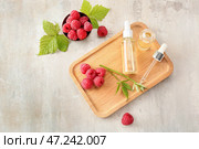 Бутылки эфирного масла малины на сером фоне. Стоковое фото, фотограф Pixel_shot / Фотобанк Лори