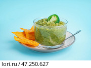 Тарелка с миской вкусного зеленого соуса сальса и начос на цветном фоне. Стоковое фото, фотограф Pixel_shot / Фотобанк Лори