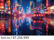 A nighttime metropolis, bathed in bright neon lights. It is raining, and the wet asphalt reflects the colored lights of the signs, creating an impressive play of light. In the foreground is a taxi moving along the street, its taillights leaving red reflections on the road. Crowds of people move along the sidewalks, hiding from the rain, some holding umbrellas. In the distance, high-rise buildings are visible, strewn with advertising screens, creating a cyberpunk atmosphere. Стоковое AI-изображение, AI-художник Анна Кривицкая / Фотобанк Лори