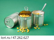 Жестяные банки с кукурузными зернами и ложкой на зеленом фоне. Стоковое фото, фотограф Pixel_shot / Фотобанк Лори