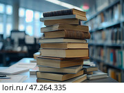 Stack of books on the table in library. Education and learning concept. Стопка книг на столе в библиотеке. Концепция образования и обучения. Стоковое AI-изображение, AI-художник Katsiaryna Repich / Фотобанк Лори