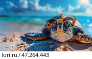 Cute turtle with sunglasses chilling at the beach, happy. Милая черепаха в солнечных очках отдыхает на пляже, счастливая. Стоковое AI-изображение, AI-художник Katsiaryna Repich / Фотобанк Лори