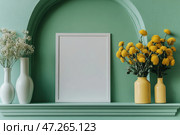 Blank Greeting Card, Invitation Mockup. Front view Yellow Flowers in Vase, Modern Green Wall, Boho Paper Mock Up on Table. Copy Space. Minimal Business Brand Template. Soft Shadow Nordic Flier Design. Стоковое AI-изображение, AI-художник Марина Демидюк / Фотобанк Лори