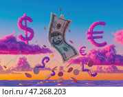 Сюрреалистическая сцена с падающей банкнотой, монетами и облаками, визуализирующими атмосферу шкринфляции и финансовых колебаний. Стоковое AI-изображение, AI-художник Сергей Никифоров-Гордеев / Фотобанк Лори