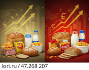 Разделённая сцена с основными продуктами питания, иллюстрирующая влияние шкринфляции на цены хлеба и молока, а также на увеличение цен на продукты при одинаковом объеме. Стоковое AI-изображение, AI-художник Сергей Никифоров-Гордеев / Фотобанк Лори