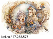 A sophisticated fantasy watercolor illustration with elements of Victorian and medieval aesthetics. The center of the composition features two women in luxurious outfits, decorated with baroque details. One of them wears an elaborate headdress decorated with fruits, pearls and ribbons, and the other wears a lace cape, earrings and exquisite decoration on her dress. They are surrounded by many decorative elements: birds, clocks, vintage patterns, ornate frames, flowers and ornaments, creating a sense of a magical world. The color scheme is dominated by soft pastel colors, warm golden shades and delicate blue accents, which gives the illustration lightness and elegance. Стоковое AI-изображение, AI-художник Анна Кривицкая / Фотобанк Лори