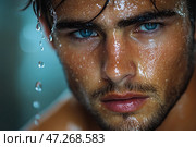A close-up portrait of a young man with damp skin and water droplets running down his face. His gaze is piercing, and his blue eyes create a strong contrast with his warm skin tone. Wet strands of hair fall across his forehead, adding dynamism to the image. Light reflects softly off the damp surface of his skin, highlighting the texture, relief of his face, and details such as stubble, lips, and pores. The background is blurred, with cool blue tones, creating a fresh and damp effect, reminiscent of the atmosphere after a shower or workout. Стоковое AI-изображение, AI-художник Анна Кривицкая / Фотобанк Лори