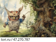 A fantastic owl-like character with a sullen and determined expression. It looks like a cross between an owl and a small animal, with fluffy, ruffled fur and feathers. It has bright yellow eyes, a sharp beak and expressive ears sticking up. The creature holds a small twig in its paw, as if ready to use it as a magic wand or weapon.The background of the image is a magical forest with a mighty ancient tree, the roots of which are intertwined, creating a mysterious atmosphere. In the dense foliage and shadows, you can see small creatures or magical elements. Light breaks through the foliage, creating a sense of mystery and adventure.The illustration is done in a fairy-tale style with elements of watercolor painting and detailed texture. All this creates the feeling that the image is part of a story about magical creatures and an ancient world. Стоковое AI-изображение, AI-художник Анна Кривицкая / Фотобанк Лори