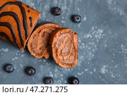 Кусочки вкусного бисквита и черники на сером столе. Стоковое фото, фотограф Pixel_shot / Фотобанк Лори