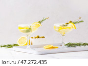 Бокалы вкусного коктейля мартини с оливками на светлом фоне. Стоковое фото, фотограф Pixel_shot / Фотобанк Лори