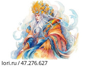 A majestic mythological figure, perhaps a goddess or queen, surrounded by waves and clouds. Her long silver hair flows like water and wraps beautifully around her head, which is adorned with a luxurious golden crown. Her clothing is made in bright, warm shades of orange, blue and purple, which contrasts with her pale skin. Numerous ornaments, jewels and beads add mysticism and magic to the image. Around her is a storm of water, which emphasizes her connection with the elements of nature. The painting is done in a watercolor style, which gives it lightness and ephemerality. Стоковое AI-изображение, AI-художник Анна Кривицкая / Фотобанк Лори