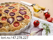 Блюдо для выпечки с вкусной итальянской фокаччей и овощами на цветном фоне, крупным планом. Стоковое фото, фотограф Pixel_shot / Фотобанк Лори