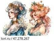 Two ladies, done in the style of the 18th century, with luxurious hairstyles and dresses. The first woman (left) has blonde hair, gathered in a high elegant style with flowers in her hair and jewelry, and a massive gold choker on her neck. She is dressed in a blue dress with ruffles. The second woman (right) has red curls gathered in an elegant hairstyle, decorated with flowers. She wears a dress with an open neckline and is richly decorated with jewelry, including a necklace. Both ladies look refined and elegant, against a background of soft water color, creating an atmosphere of historical charm. Стоковое AI-изображение, AI-художник Анна Кривицкая / Фотобанк Лори