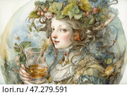 A woman with an exquisite appearance. She is adorned with a wreath of greenery and berries, which gives her a natural, almost mythical atmosphere. The woman is holding a glass of drink, which adds elegance to her image. Her hair is wavy and styled in a baroque style, which emphasizes her aristocracy. Elements of nature such as leaves and flowers are visible around her, which makes her image even more harmonious and picturesque. Стоковое AI-изображение, AI-художник Анна Кривицкая / Фотобанк Лори