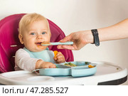 Baby food. The first meal. Feeding the baby. A cute little kid eats vegetables. Healthy food. The child is sitting on a high chair for feeding. Fresh vegetables and fruits. Стоковое фото, фотограф Photojuli / Фотобанк Лори