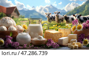 Натюрморт с молочными продуктами на фоне пасущихся коров на летнем лугу. Стоковое AI-изображение, AI-художник Щеголева Ольга / Фотобанк Лори