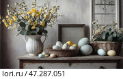 The concept of a bright Easter holiday. Retro home interior with Easter decor. Spring flowers in a white vase and Easter eggs in pastel shades. Стоковое AI-изображение, AI-художник Photojuli / Фотобанк Лори