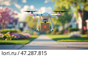 Drone delivers package in suburban neighborhood during bright sunny day. Стоковое AI-изображение, AI-художник Сергей Толмачёв / Фотобанк Лори
