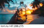 Bottle with palm trees at sunset captures tropical paradise on the beach during golden hour. Рука держит стеклянную бутылку с миниатюрным пейзажем с пальмами и безмятежным пляжем на закате. Яркие краски наполняют небо, когда солнце опускается за горизонт, создавая волшебную сцену. Стоковое AI-изображение, AI-художник Katsiaryna Repich / Фотобанк Лори