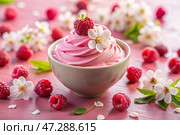 Fresh dairy products, cottage cheese with fresh raspberries in ceramic dishes. The concept of natural, dietary nutrition. Healthy foods. Стоковое AI-изображение, AI-художник Photojuli / Фотобанк Лори