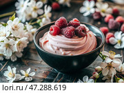 Fresh dairy products, cottage cheese with fresh raspberries in ceramic dishes. The concept of natural, dietary nutrition. Healthy foods. Стоковое AI-изображение, AI-художник Photojuli / Фотобанк Лори